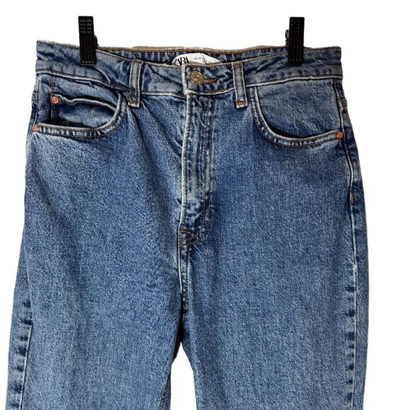 Zara Split Hem High Waist Straight Leg Jeans Dark Wash Raw Edge Size 26 - Picture 3 of 8